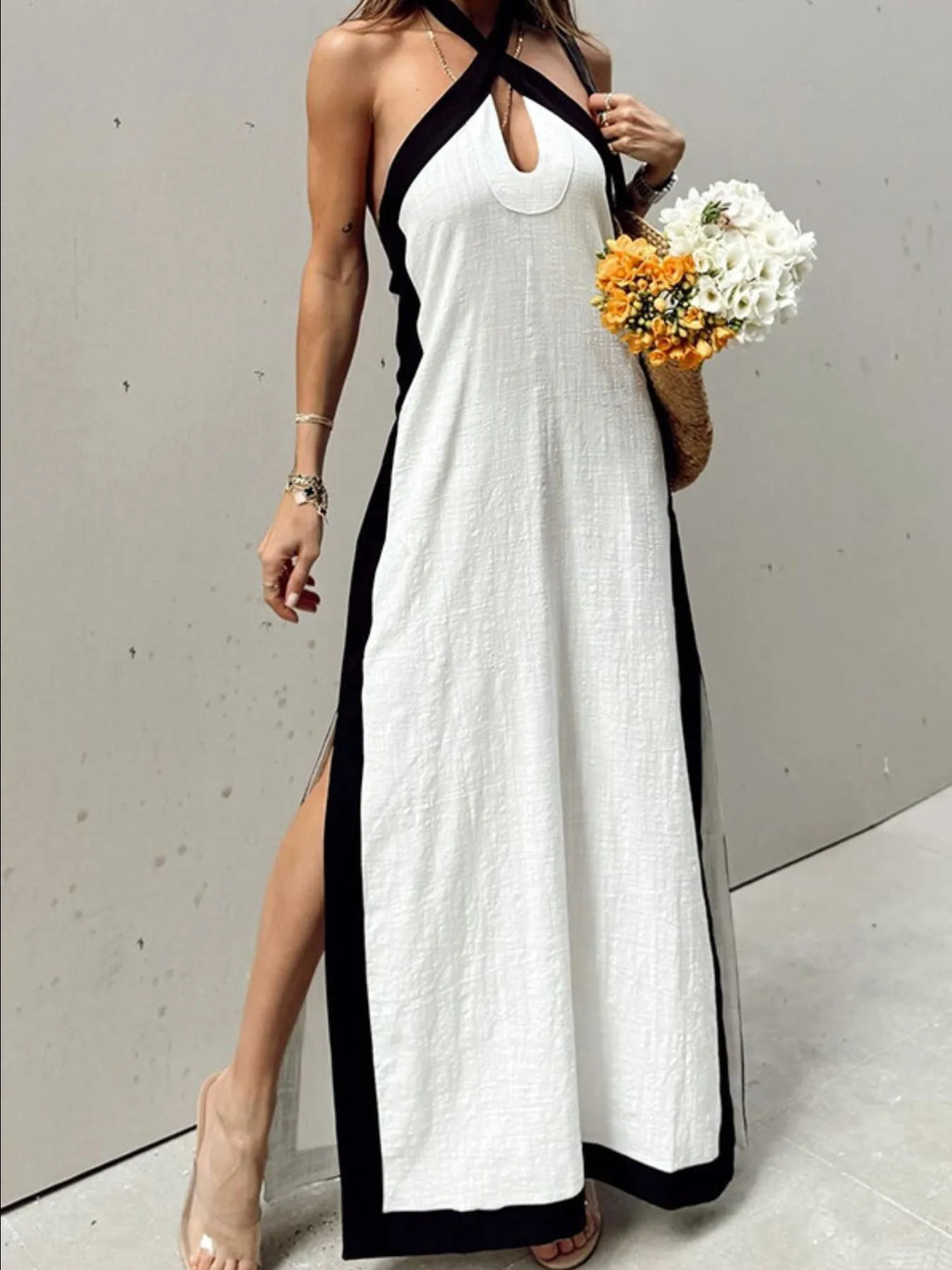 Contrast Halter Sleeveless Maxi Dress (5)