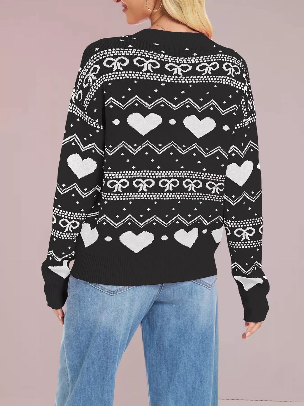 Heart Bow Pattern Round Neck Sweater (18)