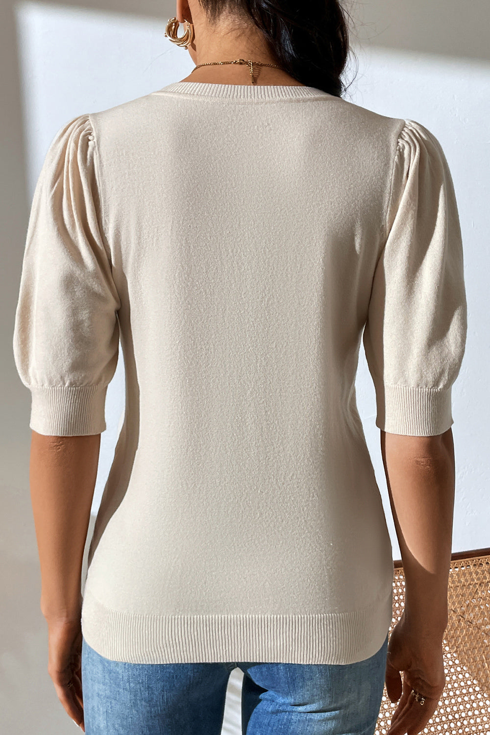 Round Neck Puff Sleeve Knit Top (16)