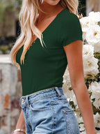 Full Size Casual V-neck Button Detail T-shirt Plus (28)