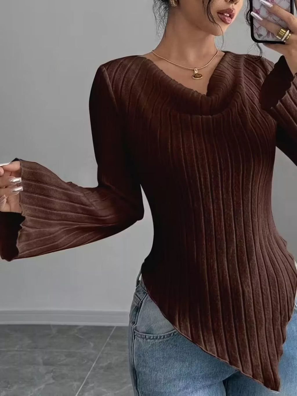 Cowl Neck Ribbed Knit Top (4)