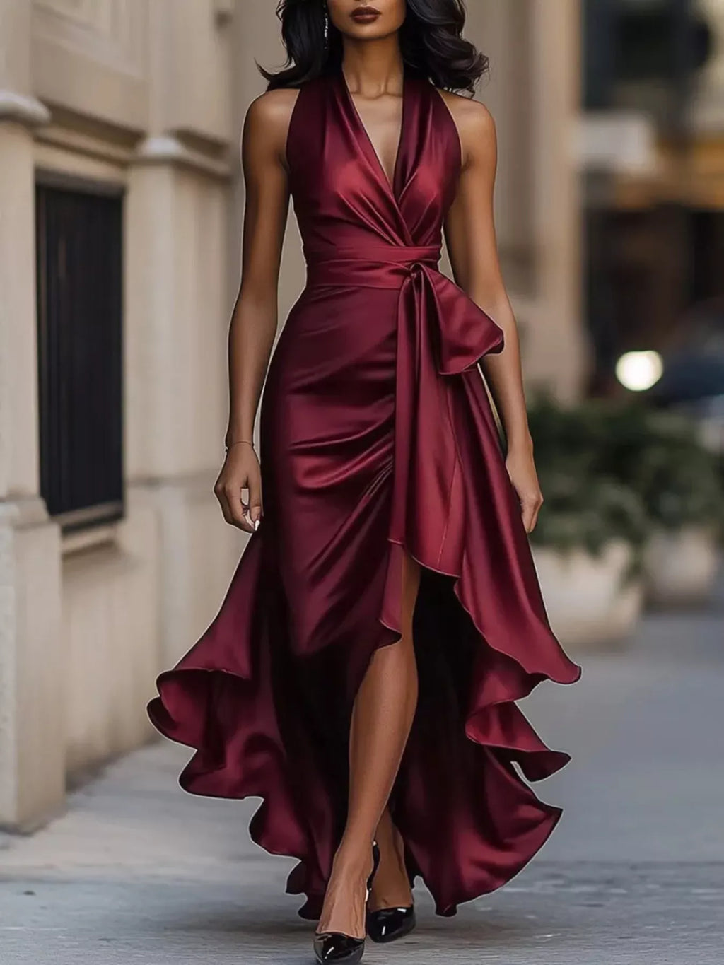 Full Size High-low Ruffled Satin Maxi Dress Plus
