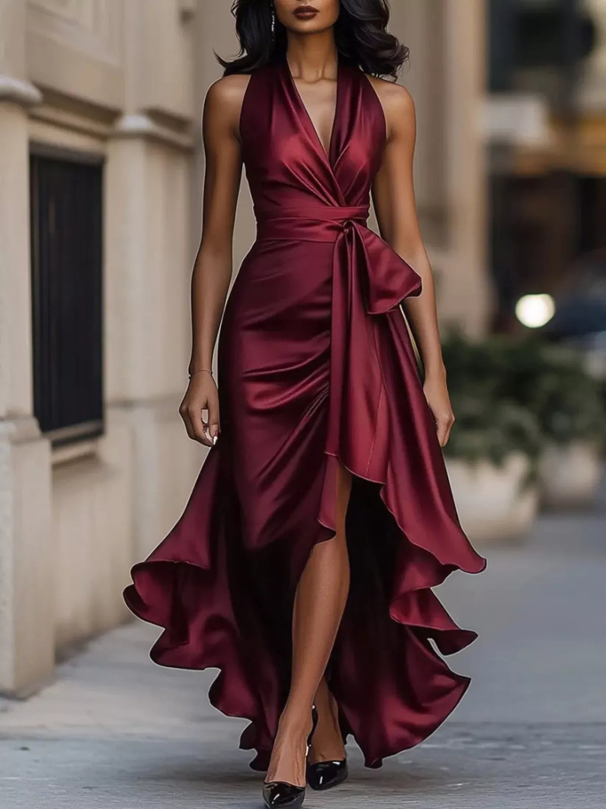 Full Size High-low Ruffled Satin Maxi Dress Plus