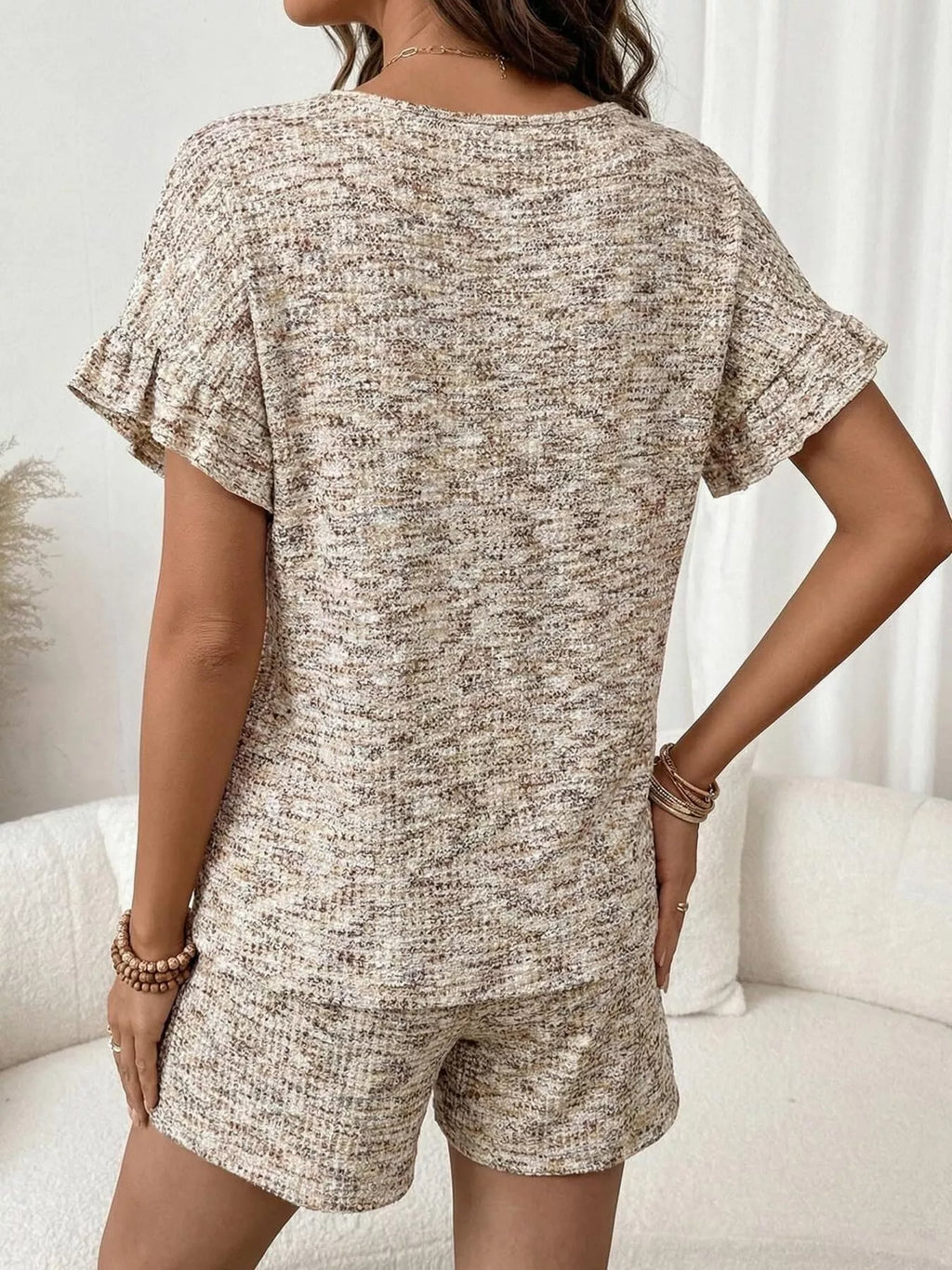 Ruffle Sleeve Textured Top Shorts Set (13)