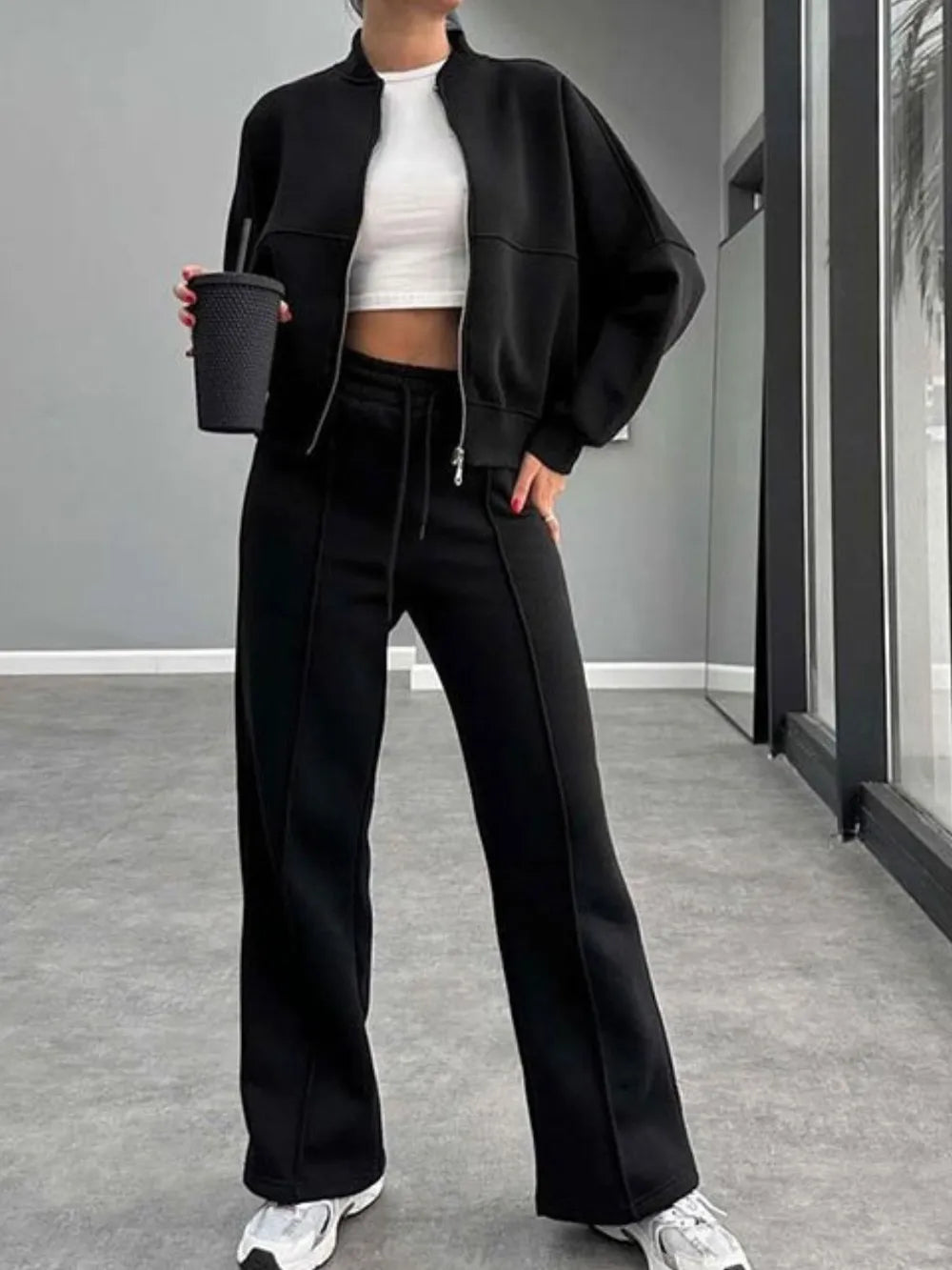 Baseball Collar Zip Up Outerwear Drawstring Pants Set (13)