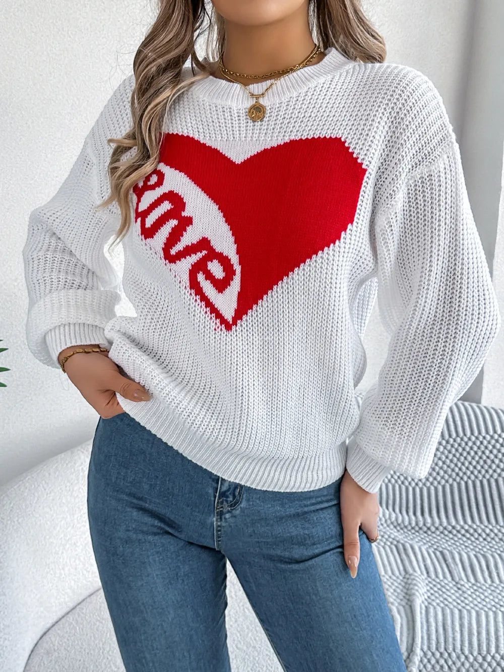 Love Heart Round Neck Dropped Shoulder Sweater (9)