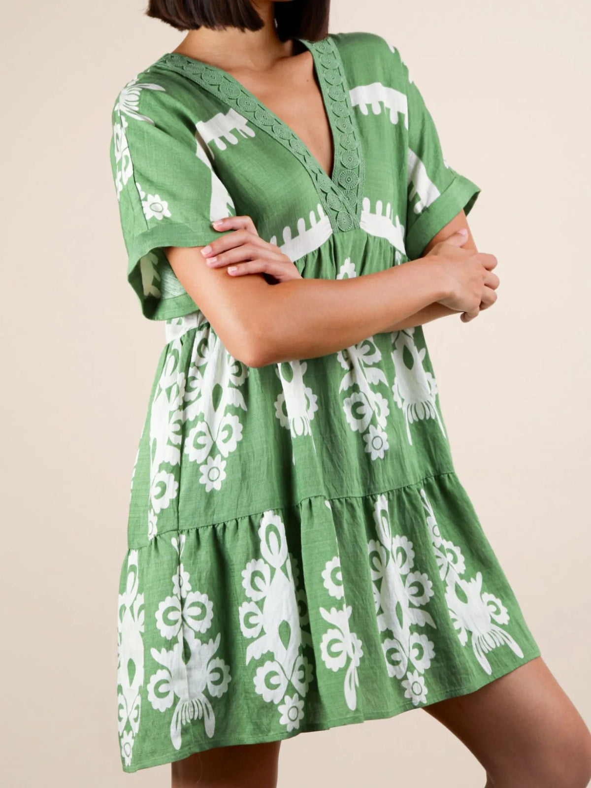 Printed V-neck Short Sleeve Mini Dress (13)