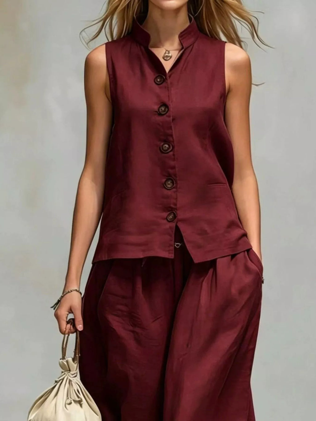 Sleeveless Button-down Top Wide-leg Pant Set (10)