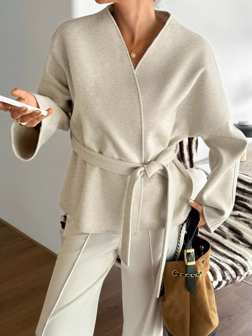 Surplice Dropped Shoulder Tie Belt Outerwear (2)