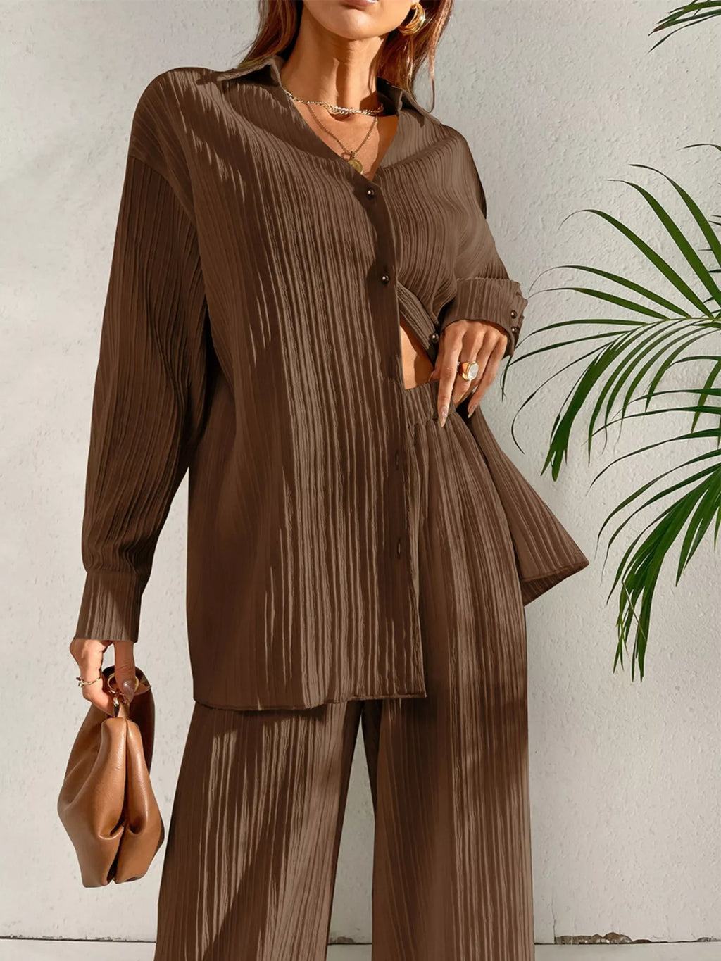 Long Sleeve Shirt Wide Leg Pants Set (6)