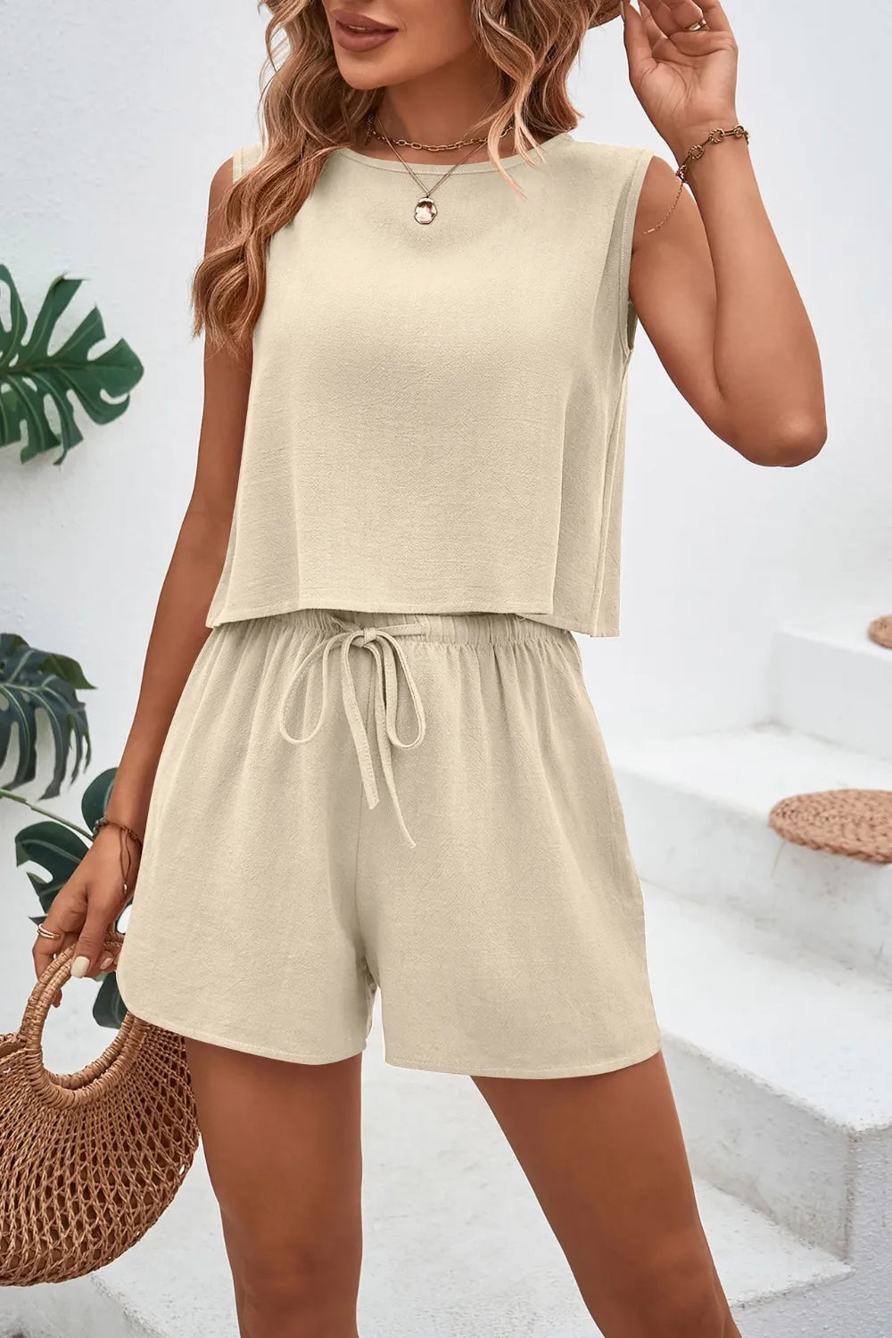 Round Neck Top Drawstring Shorts Set (14)
