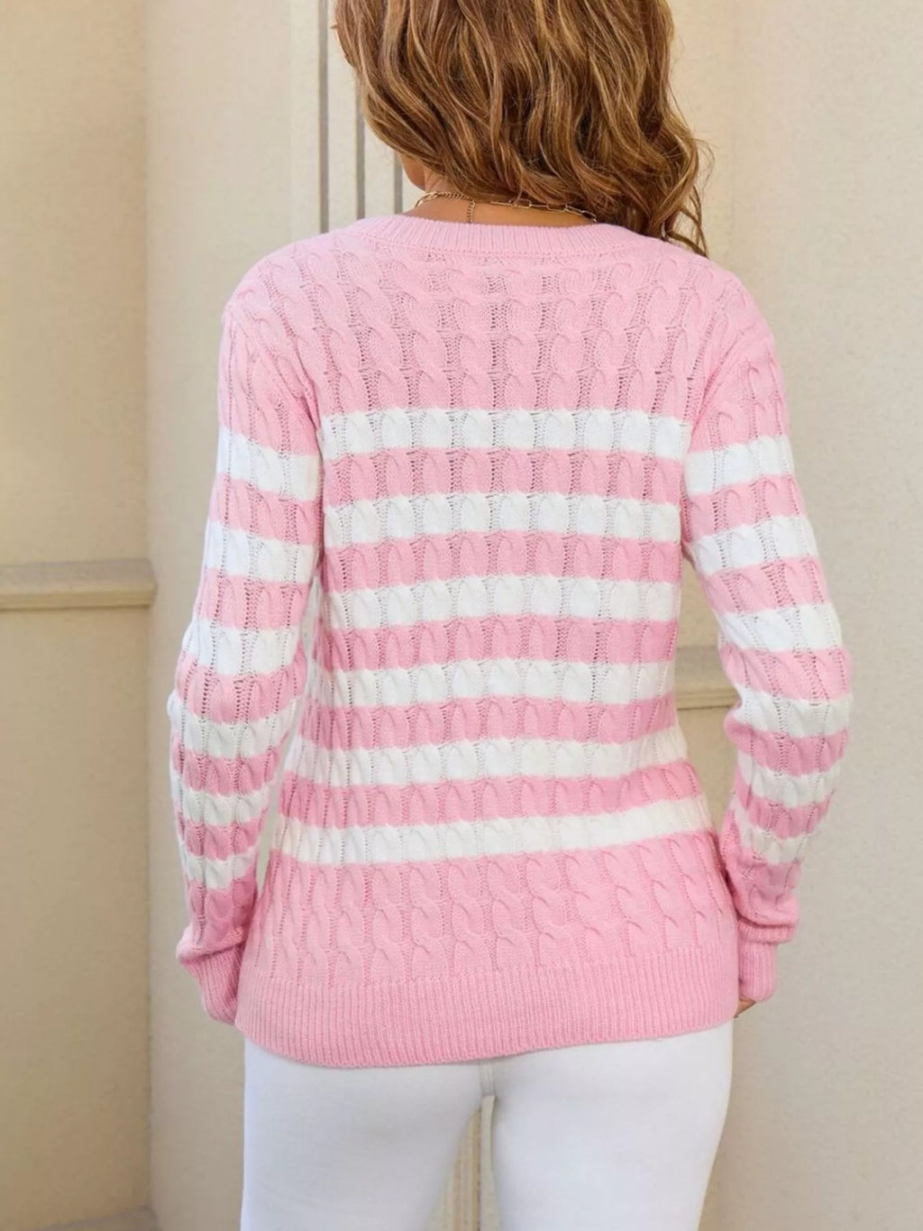 Striped Cable Knit Round Neck Sweater (14)