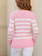 Striped Cable Knit Round Neck Sweater (14)