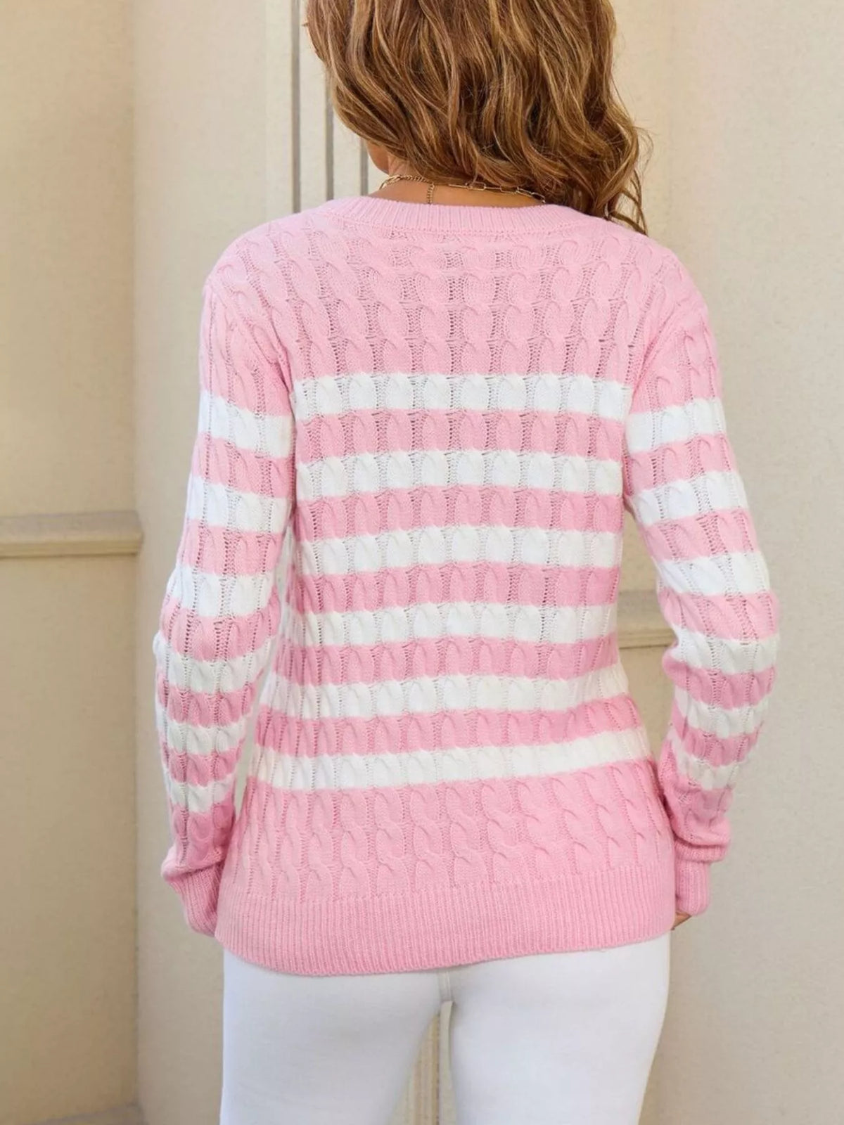 Striped Cable Knit Round Neck Sweater (14)