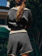 Collared Neck Contrast Striped Top Shorts Sweater Set (15)