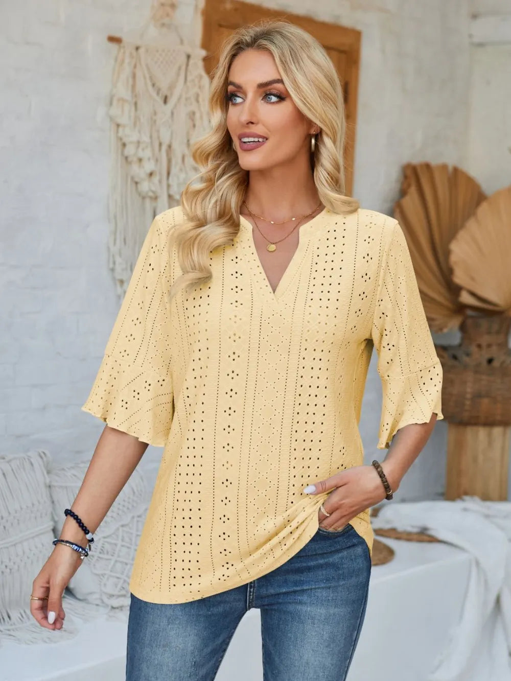Eyelet Notched Half Sleeve T-shirt (2)