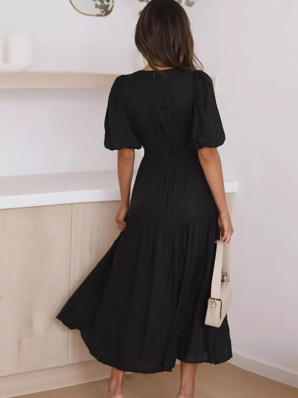 V-neck Puff Sleeve Midi Dress (14)