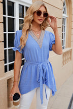 Swiss Dot Tie Waist Flounce Sleeve Blouse (4)