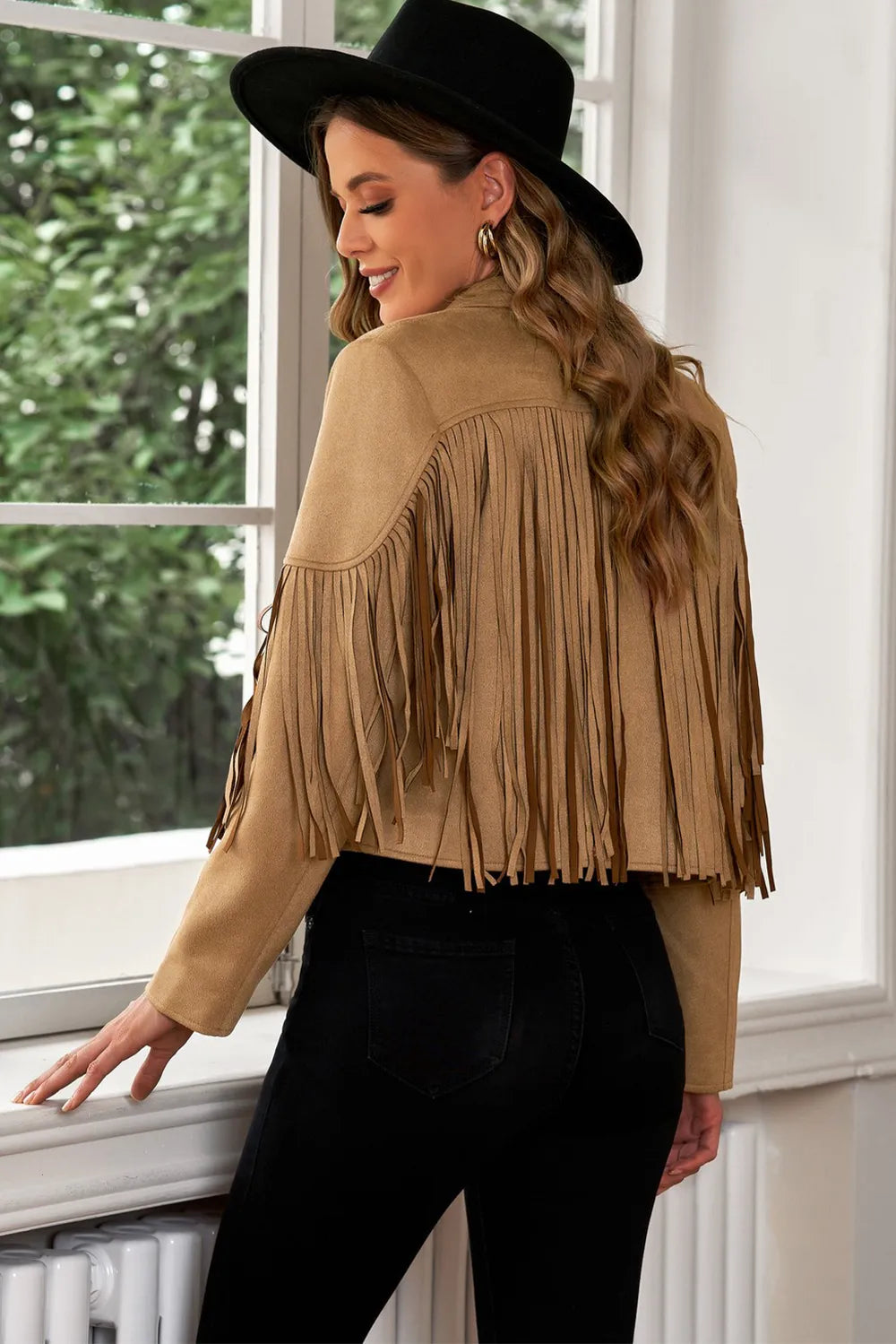 Fringe Trim Lapel Collar Cropped Blazer (2)