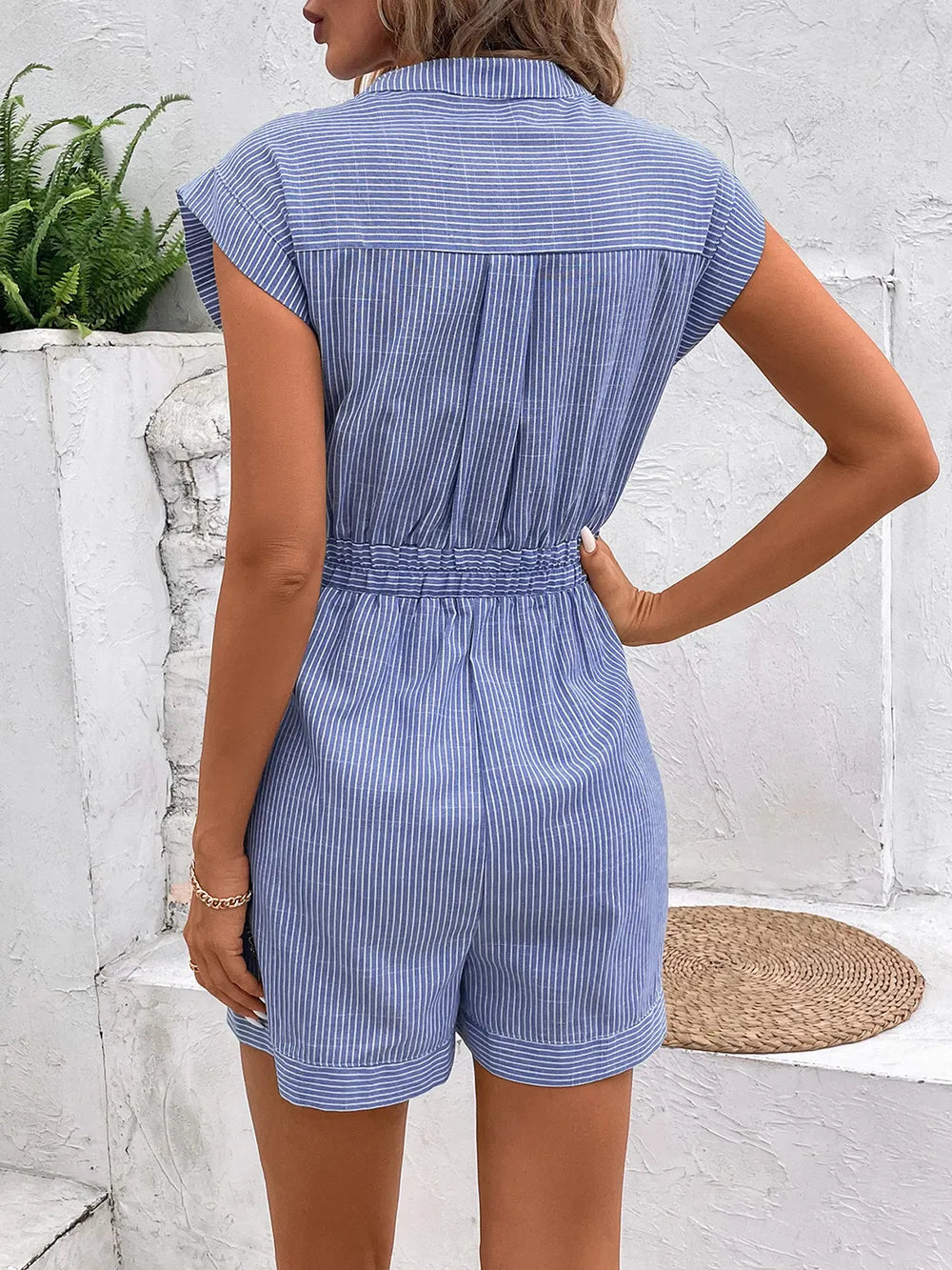 Striped Notched Tie Waist Romper (2)