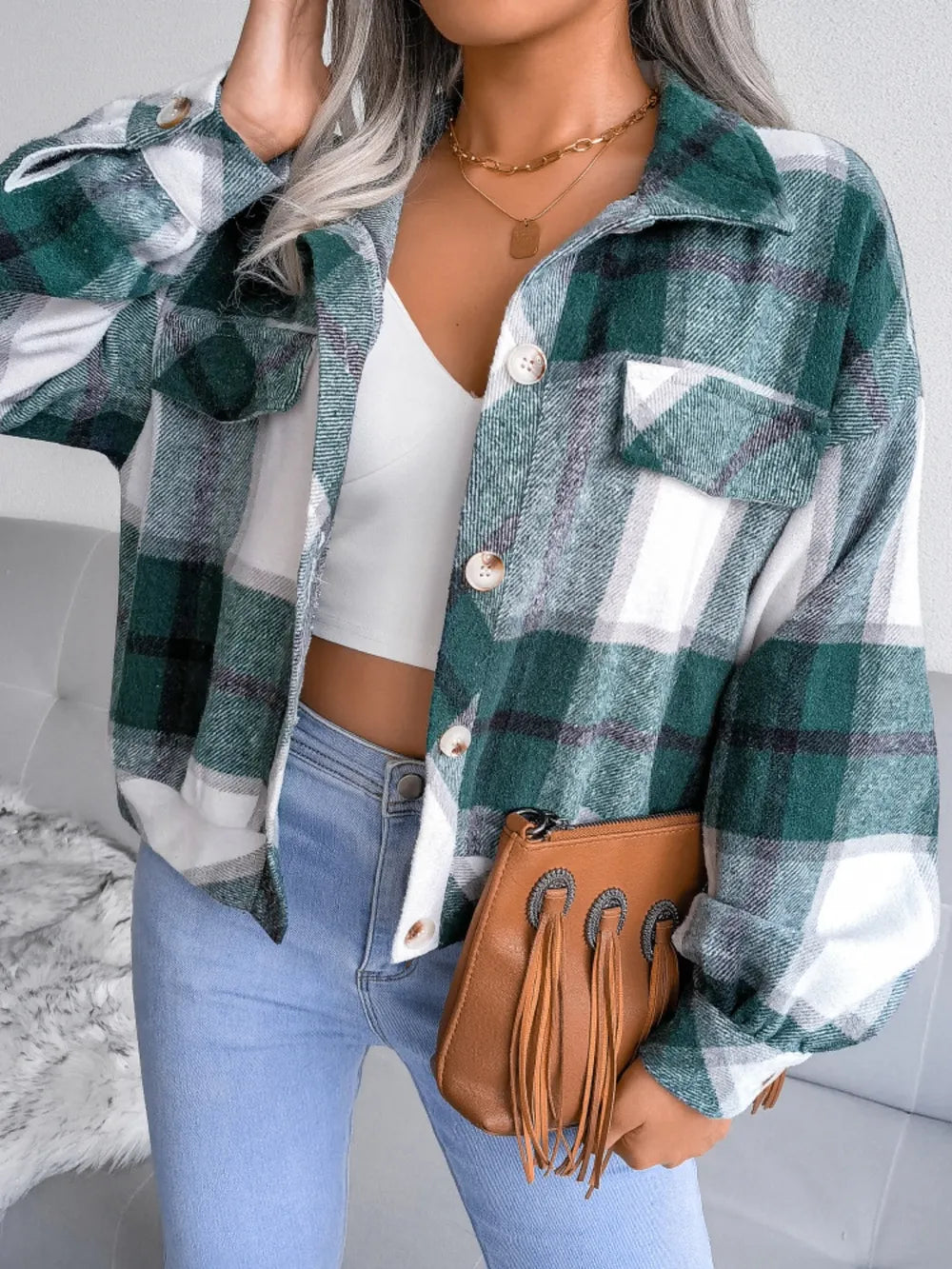 Plaid Collared Neck Long Sleeve Jacket (12)