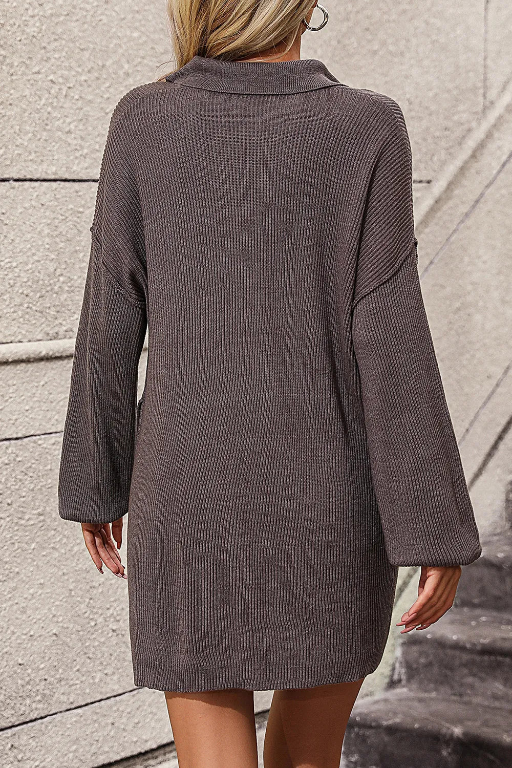 Collared Neck Long Sleeve Sweater Dress Pockets (2)