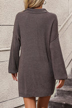 Collared Neck Long Sleeve Sweater Dress Pockets (2)