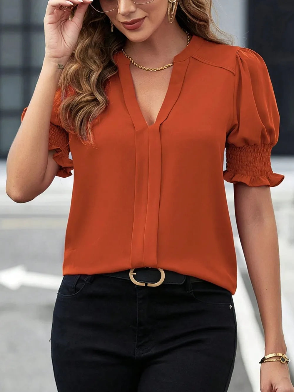 Notched Short Sleeve Blouse (21)
