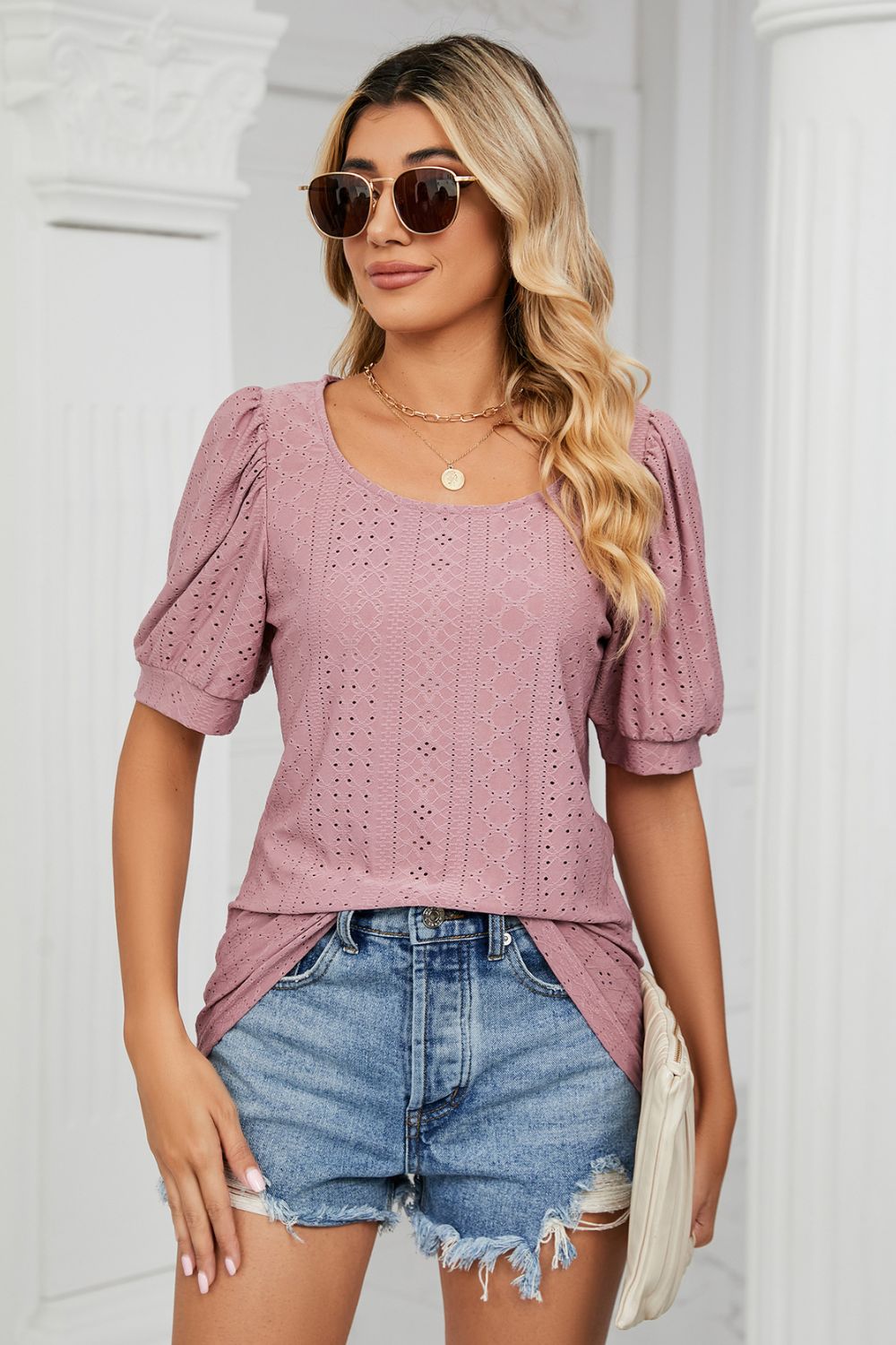 Eyelet Puff Sleeve Round Neck Top (5)
