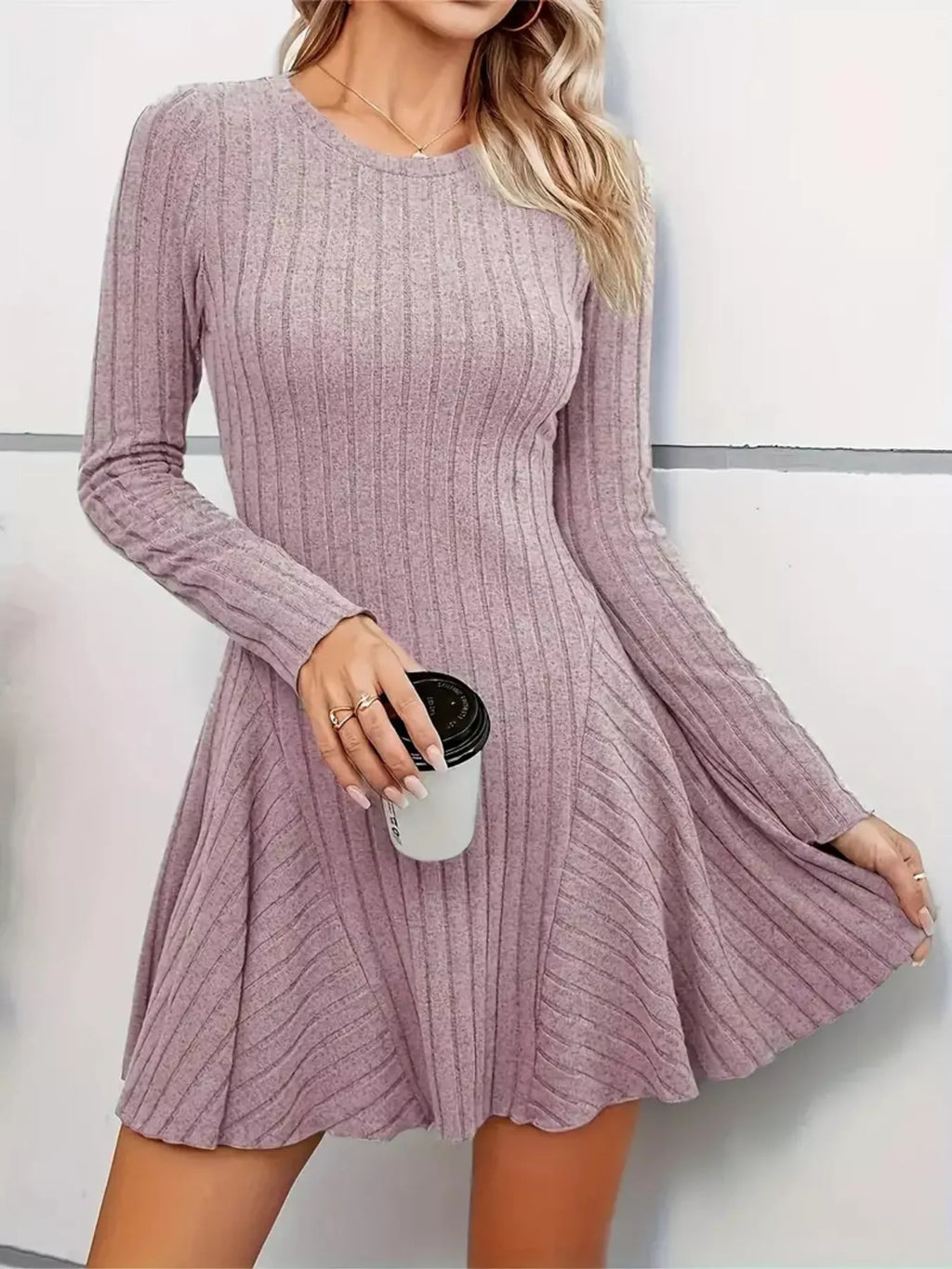 Ribbed Knit Long Sleeve A-line Dress (15)