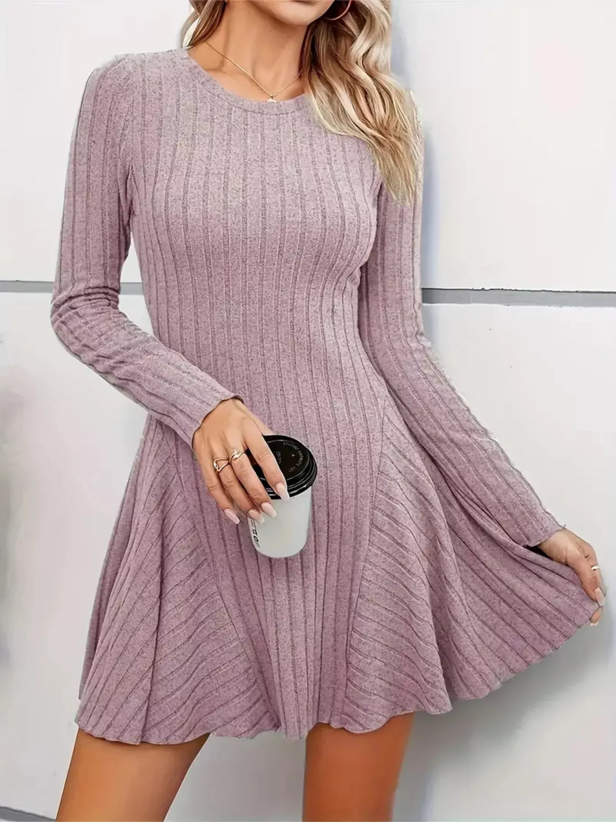 Ribbed Knit Long Sleeve A-line Dress (15)