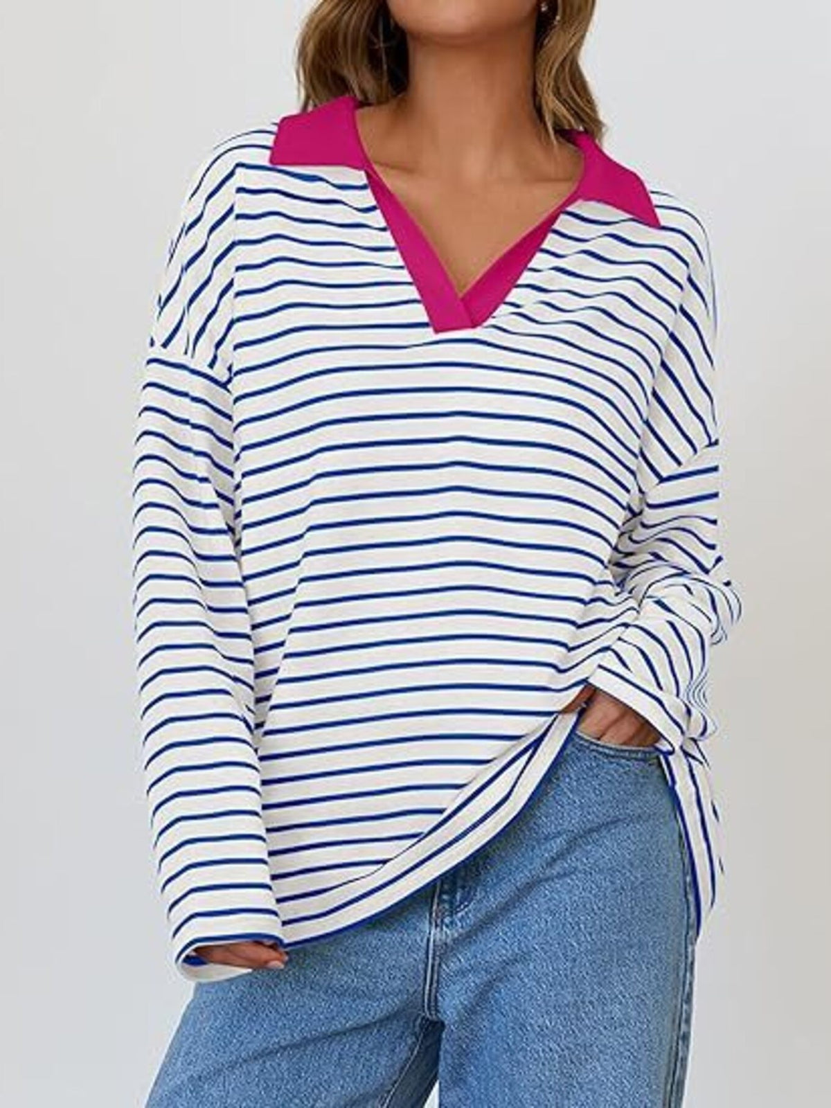 Striped Contrast Collar Long Sleeve Top (2)