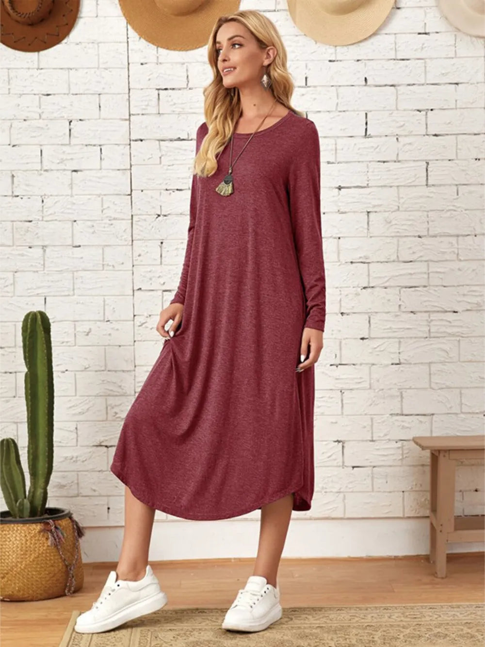 Pocketed Round Neck Long Sleeve Tee Dress (2)