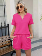 Solid Color Short Sleeve Top Shorts Two-piece Set (21)