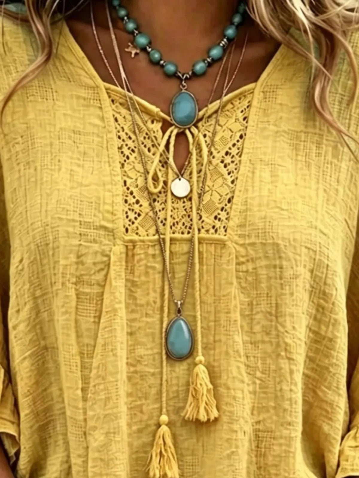 Full Size Tassel Tie Neck Ruffled Hem Blouse Plus (10)