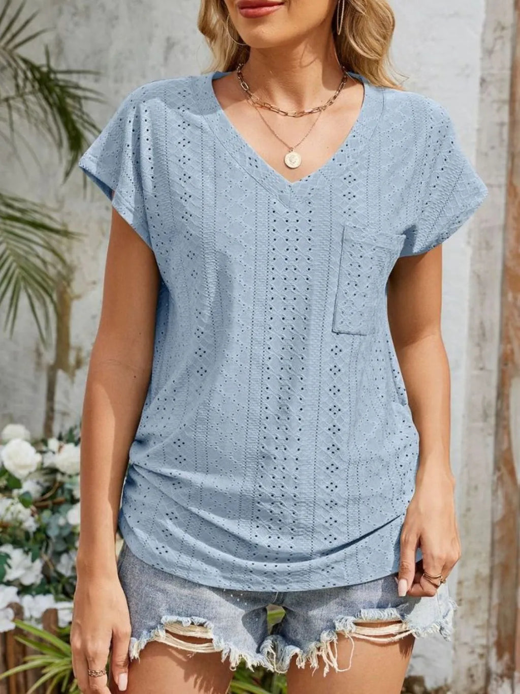 Eyelet V-neck Short Sleeve Top (7)