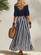 Off Shoulder Top Striped Maxi Skirt Set Belt (3)