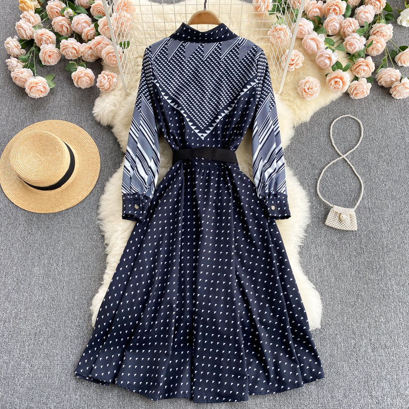 Color-blocking Striped Print Slim Mid-length Retro Dress photo 3