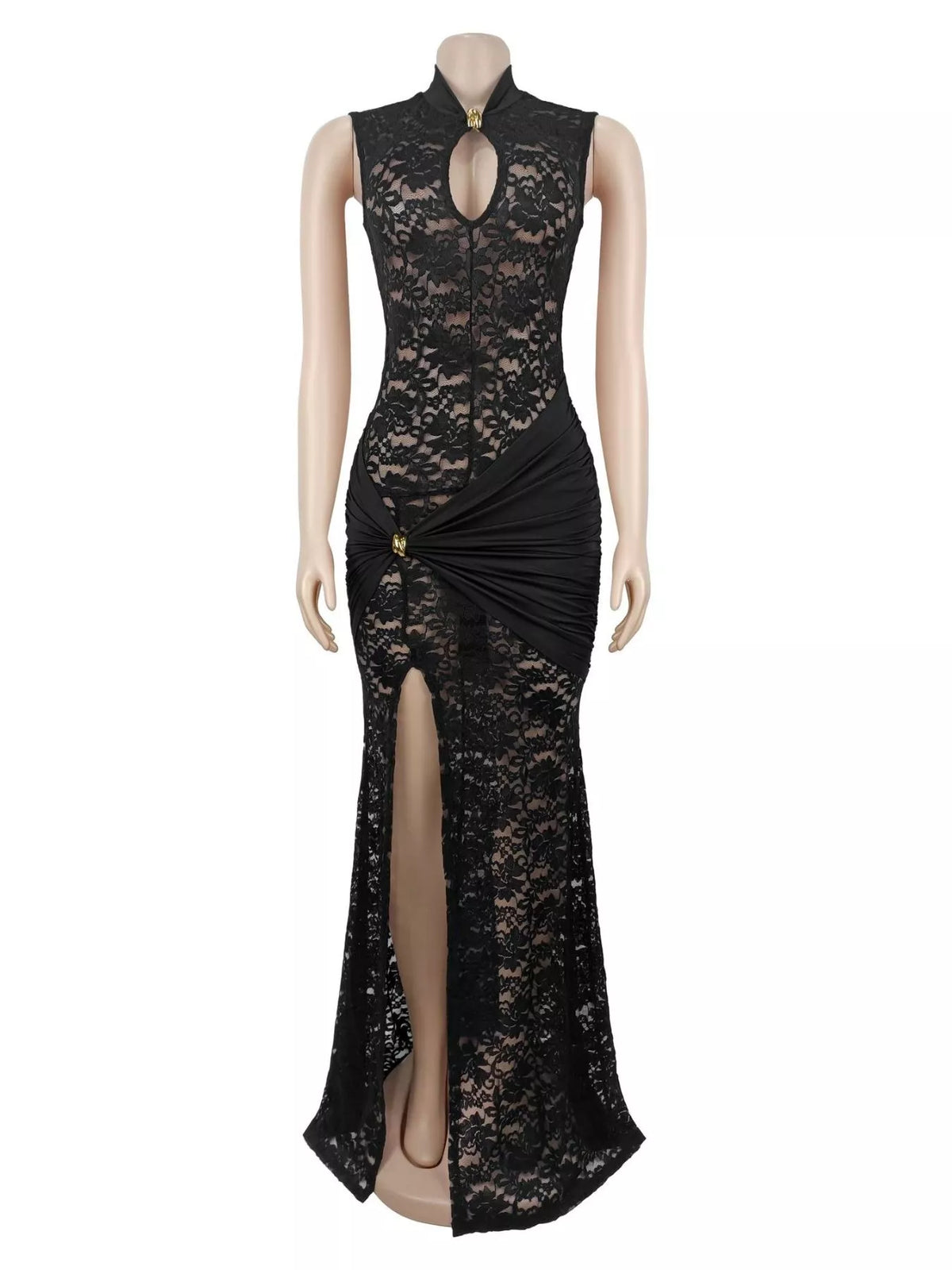 Lace Keyhole High-slit Maxi Dress (3)