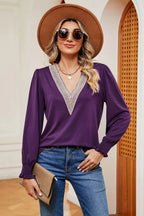 Lace Detail V-neck Lantern Sleeve T-shirt (13)