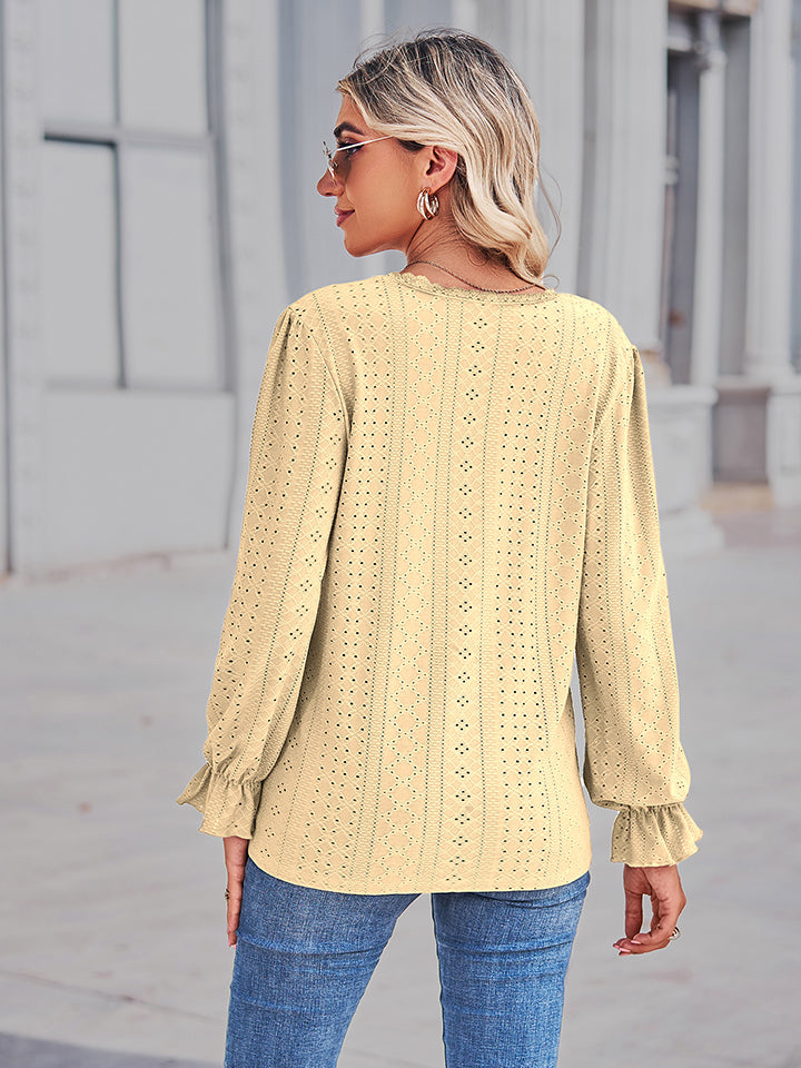 Eyelet V-neck Flounce Sleeve Blouse (2)