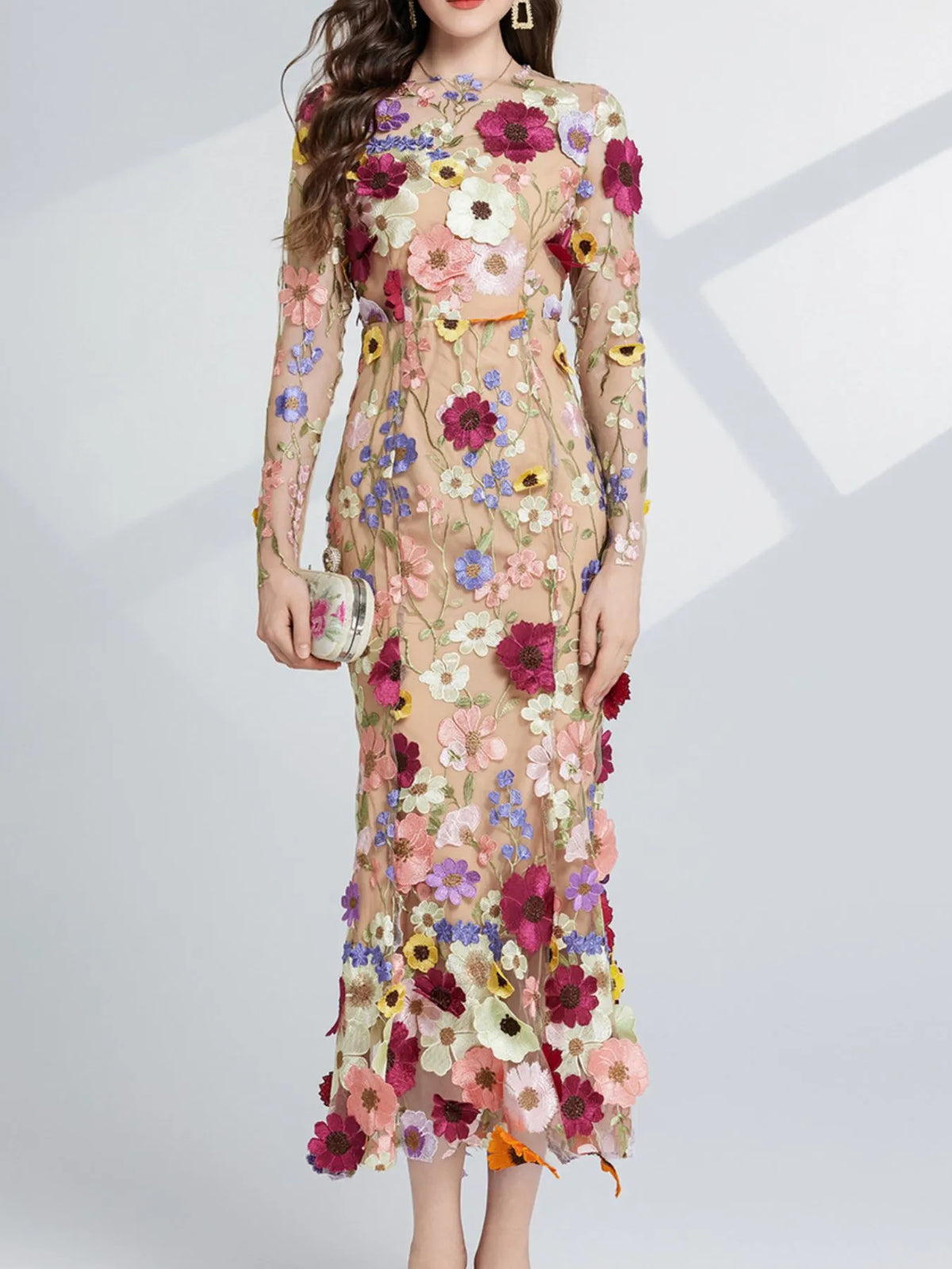 Floral Embroidered Mesh Long Sleeve Midi Dress (4)