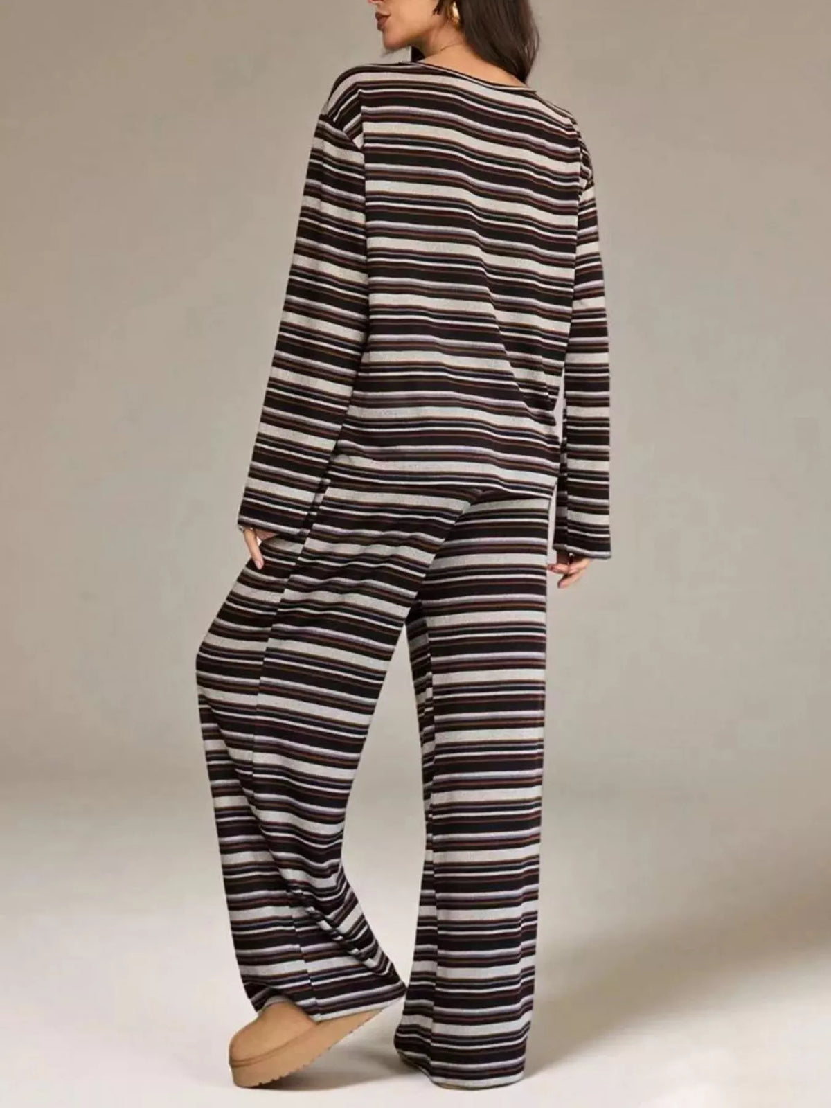 Striped Long-sleeve Top Wide-leg Pants Set (5)