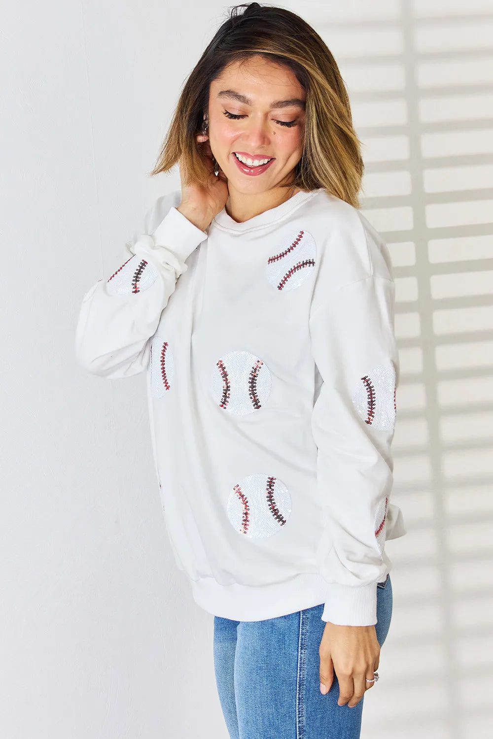 Sequin Baseball Round Neck Dropped Shoulder Sweatshirt (4)