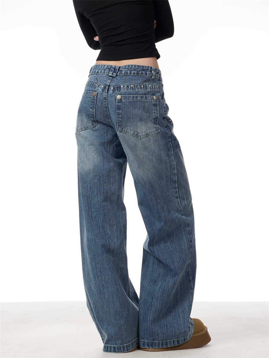 Rivet High Waist Wide Leg Jeans Baggy Straight Trousers photo 4