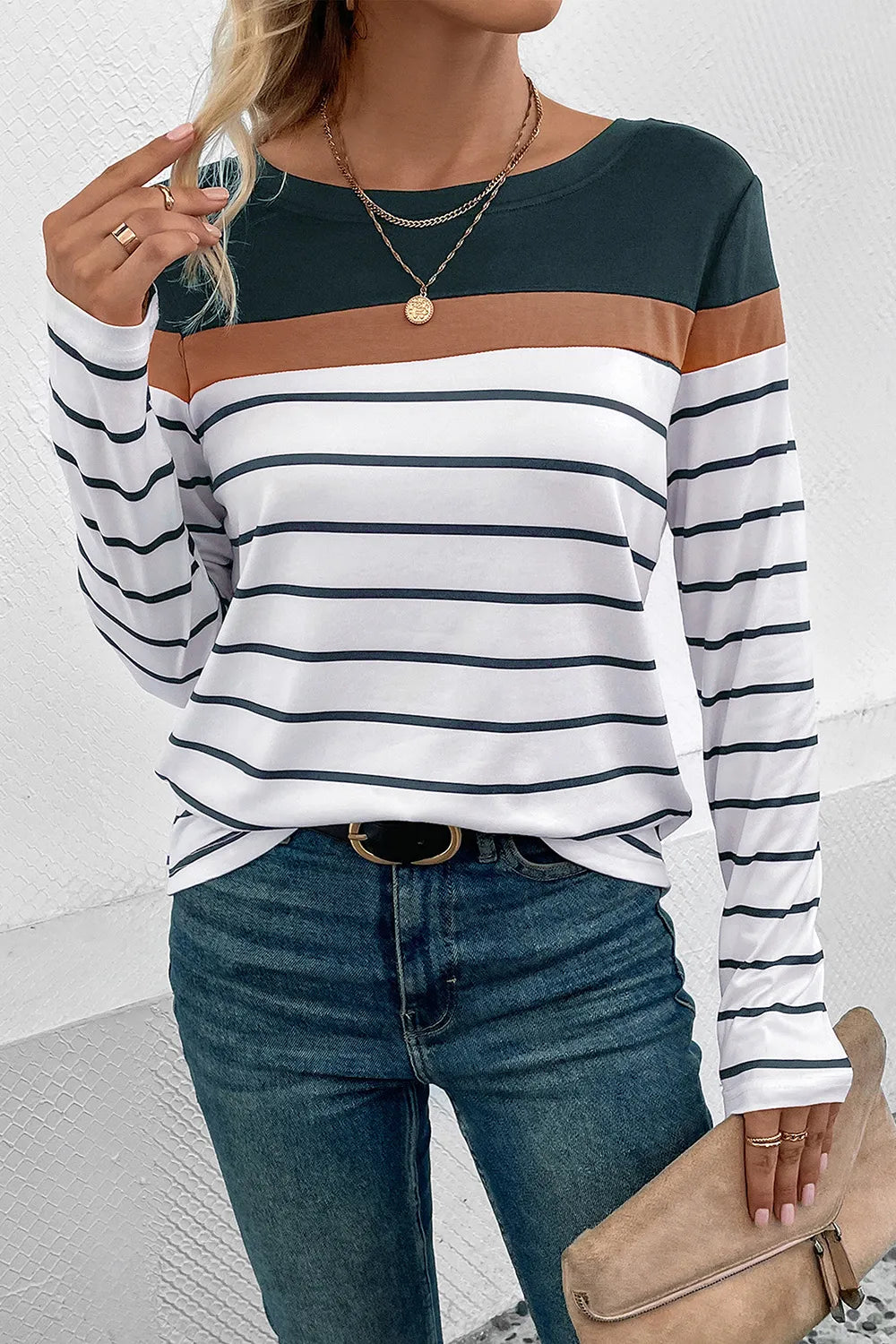 Striped Round Neck Long Sleeve T-shirt (6)