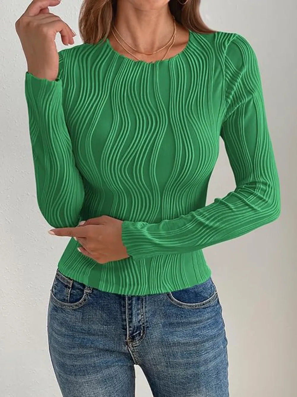 Textured Round Neck Long Sleeve Top (10)