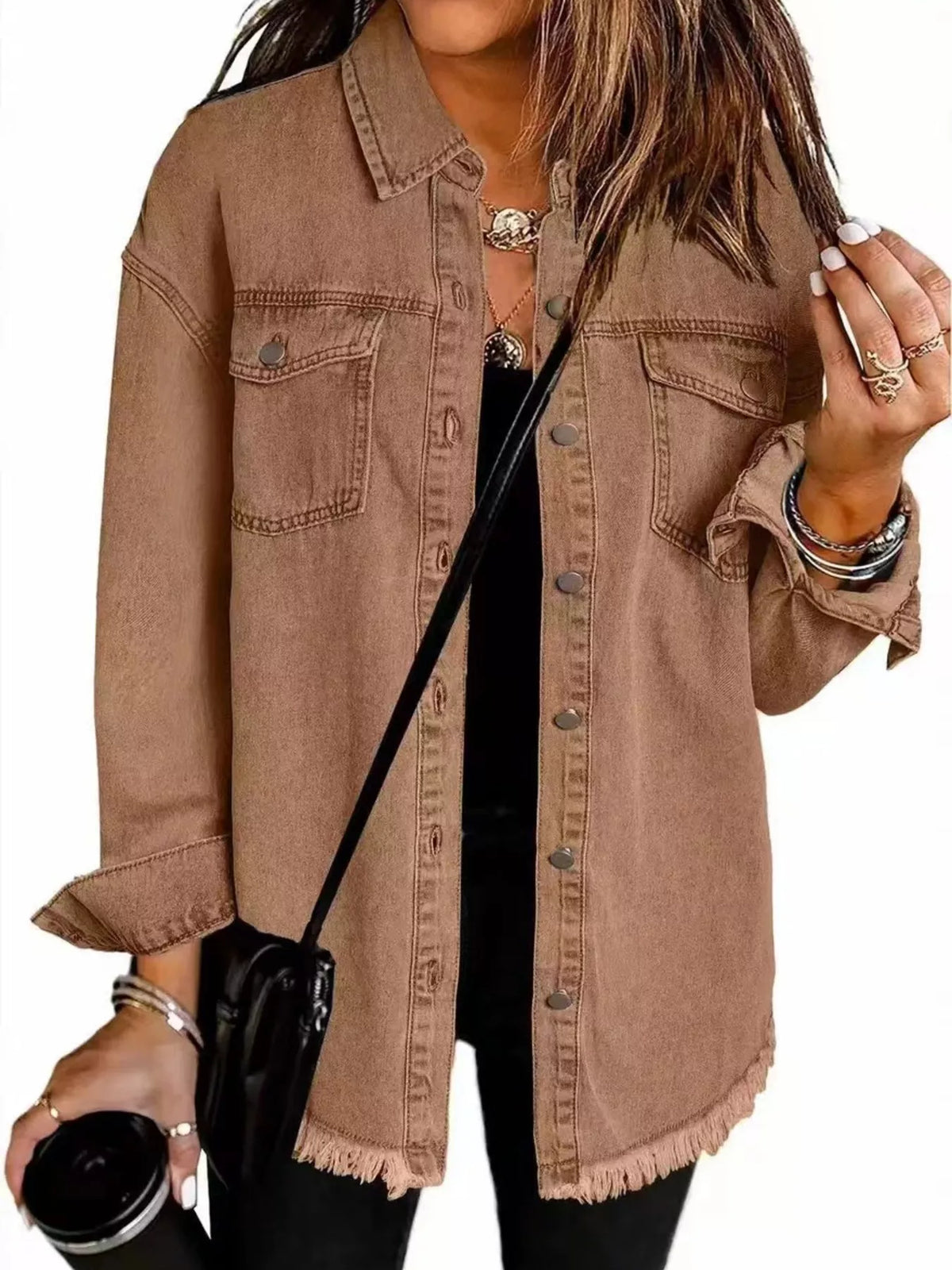 Frayed Hem Button Up Denim Jacket (3)