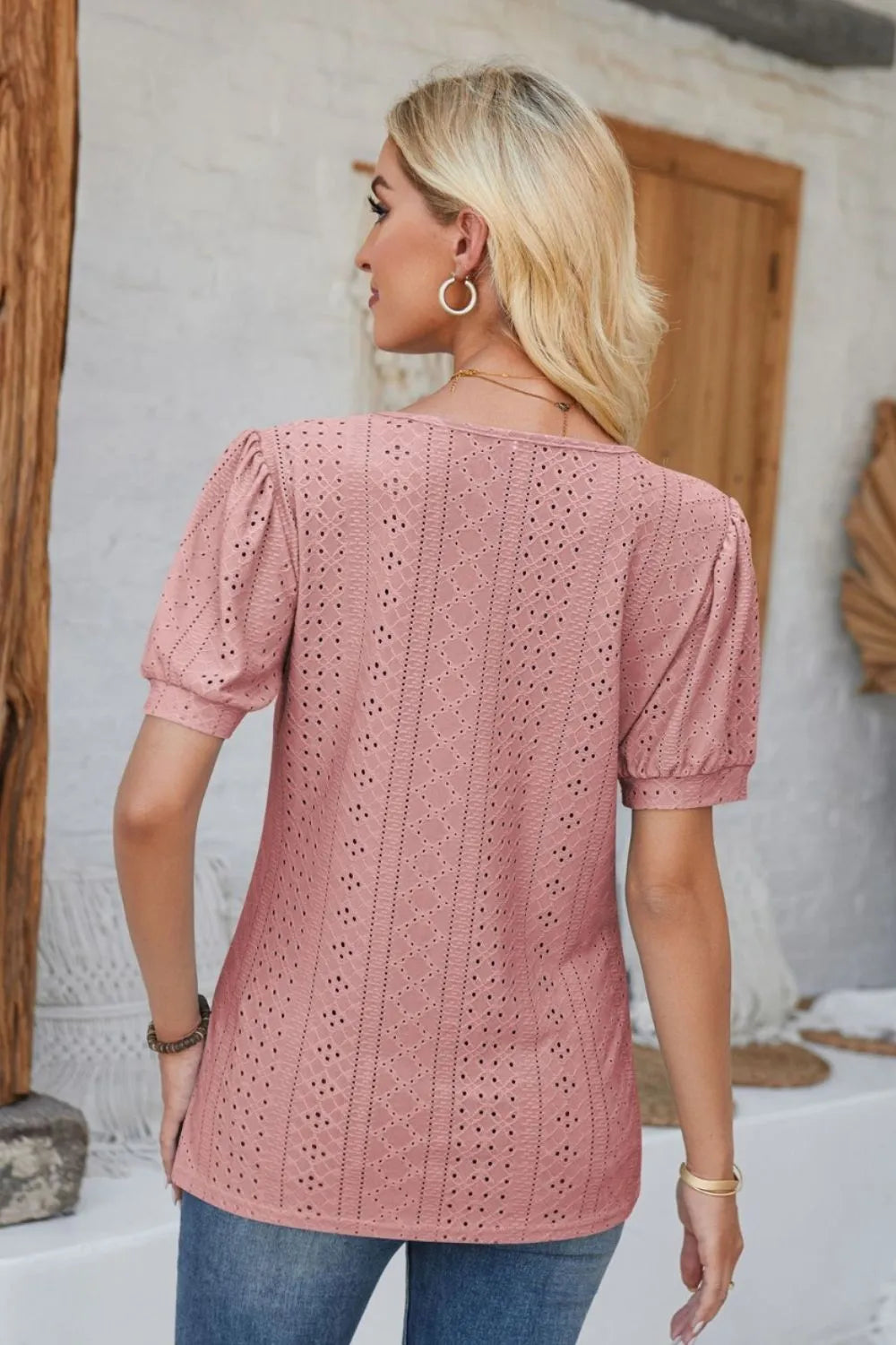 Eyelet Round Neck Short Sleeve Blouse (24)