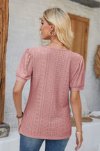 Eyelet Round Neck Short Sleeve Blouse (24)